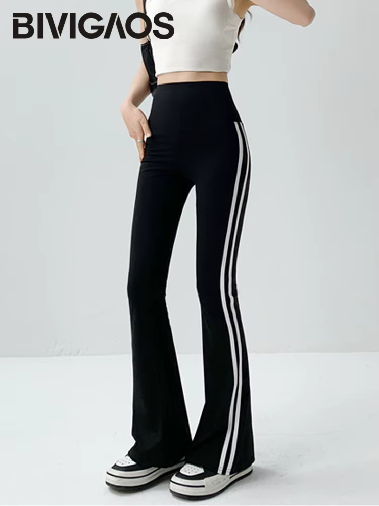 BIVIIncome OS-Pantalon Requin Rayé Noir Micro Évasé pour Femme, Taille Haute, Slim, dehors, Poche, L