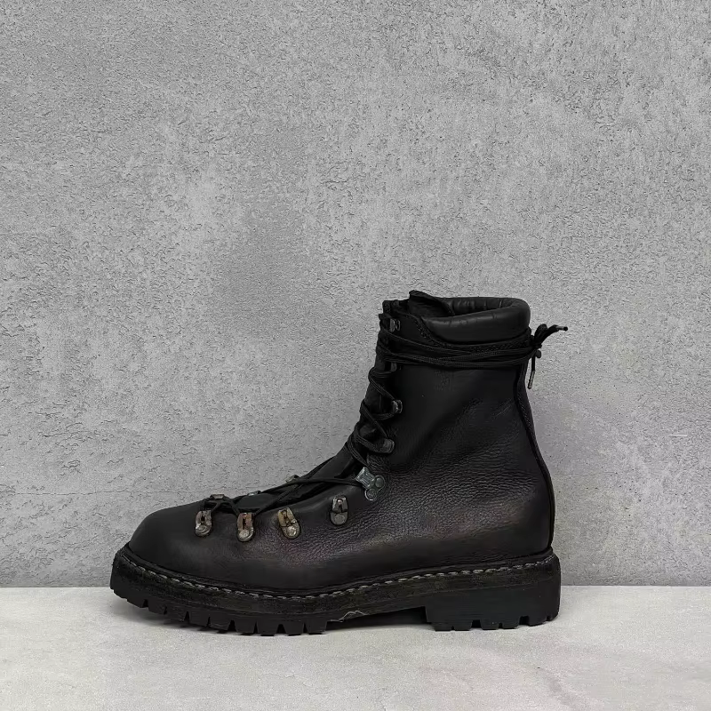 Bottes de moto en cuir véritable pour hommes, chaussures d'alpinisme à lacets en métal, bottes de ra