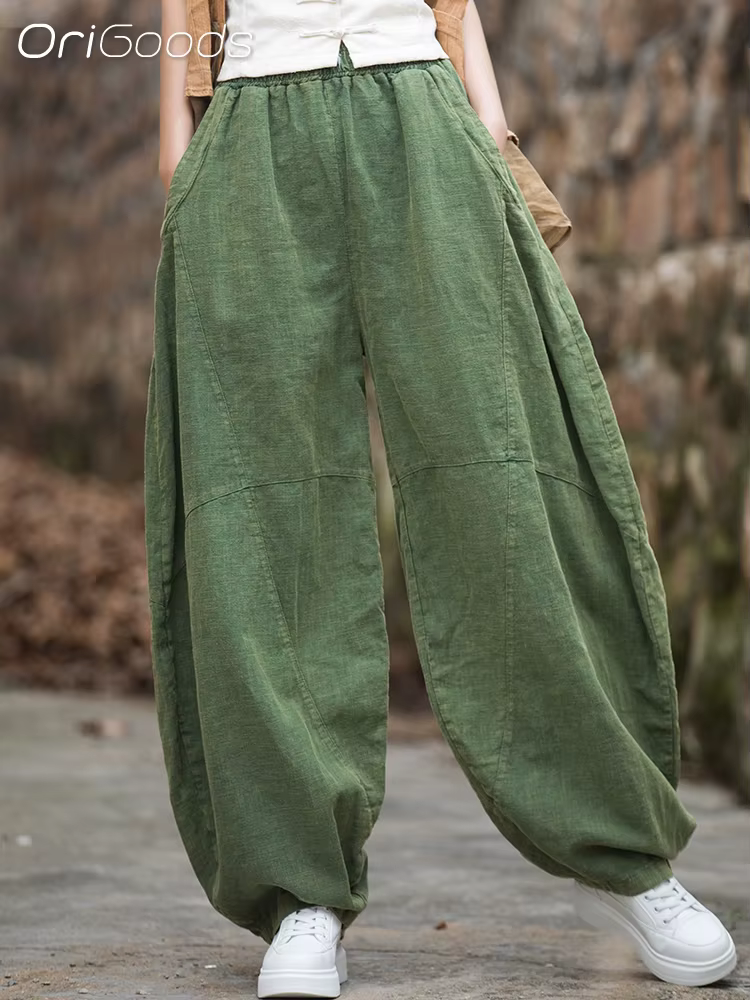 OriGoods Vintage surdimensionné pantalon femme Ramie coton nouveauté Original coupe ample pantalon Z