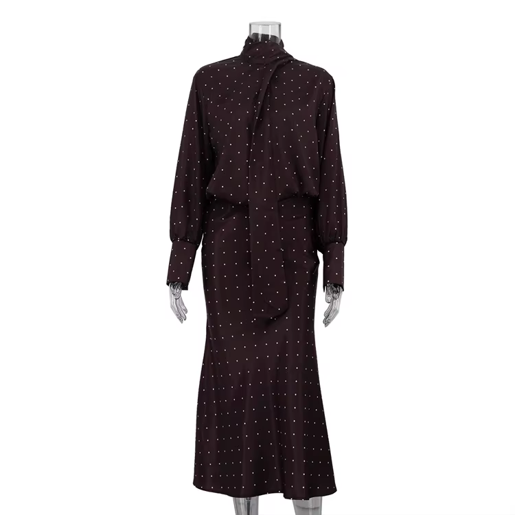 Ensemble jupe deux pièces en Satin imprimé à pois, chemise à manches longues à lacets + jupe mi-long