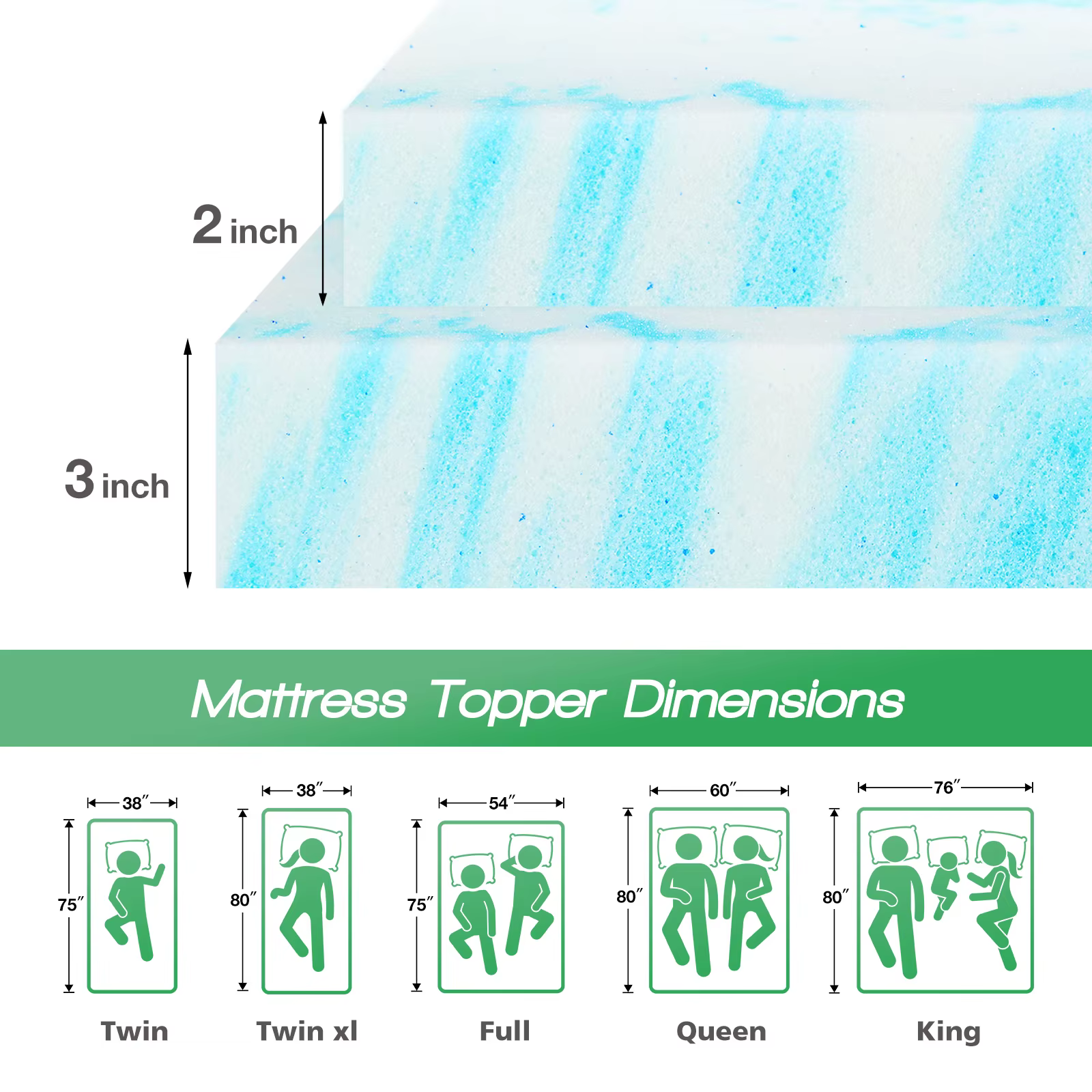 JHK 2-3 pouces Gel mousse à mémoire de forme surmatelas pleine taille matelas de refroidissement dou