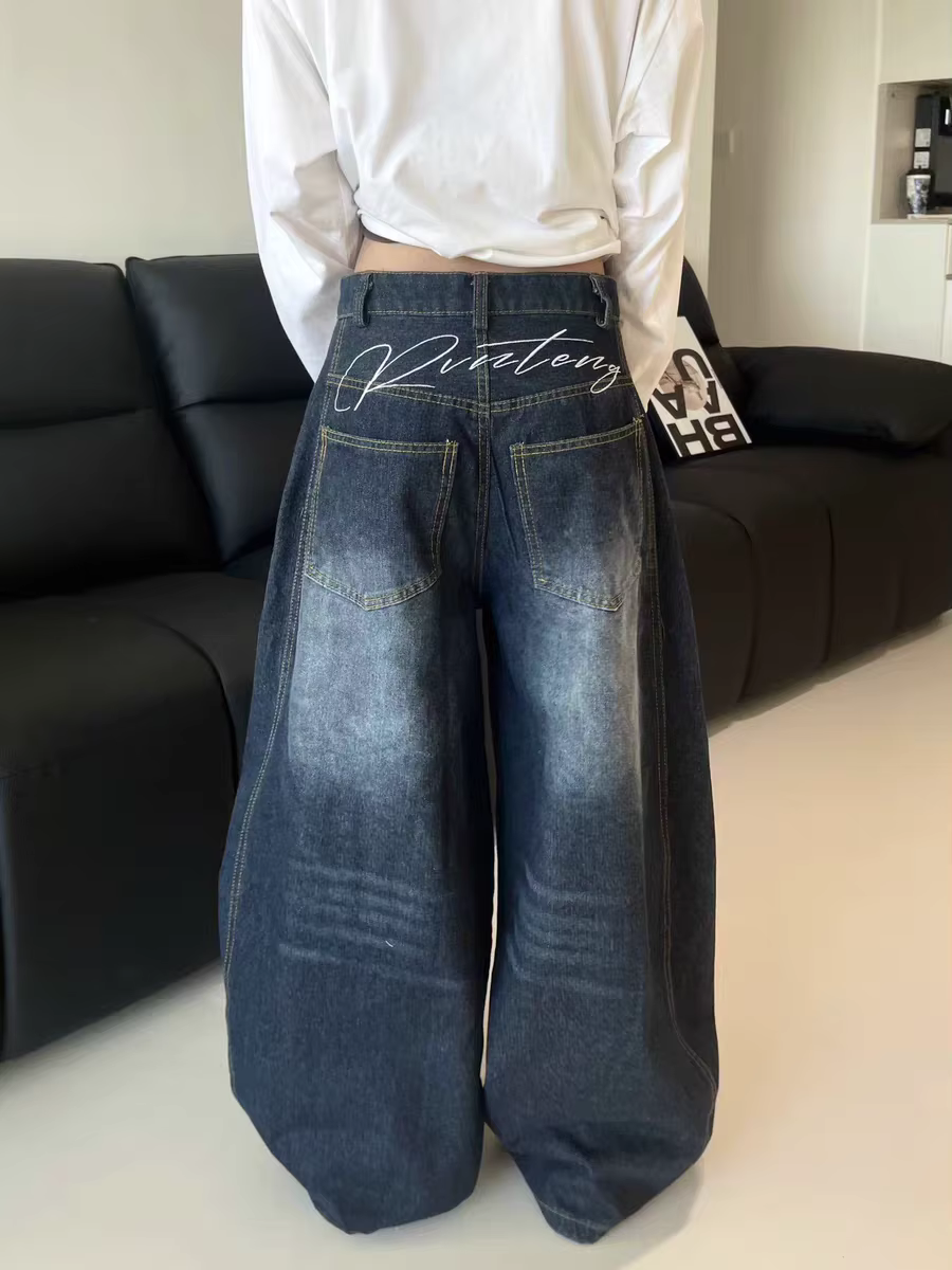 Jeans amples décontractés pour femmes Y2K, bleu délavé, style vintage, pantalon cargo à jambes large