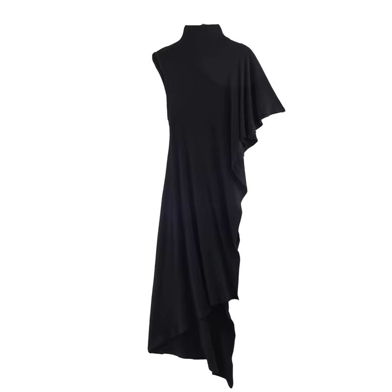 Haut pour femme, nouvelle collection printemps 2026, noir, manches courtes, col montant, asymétrique