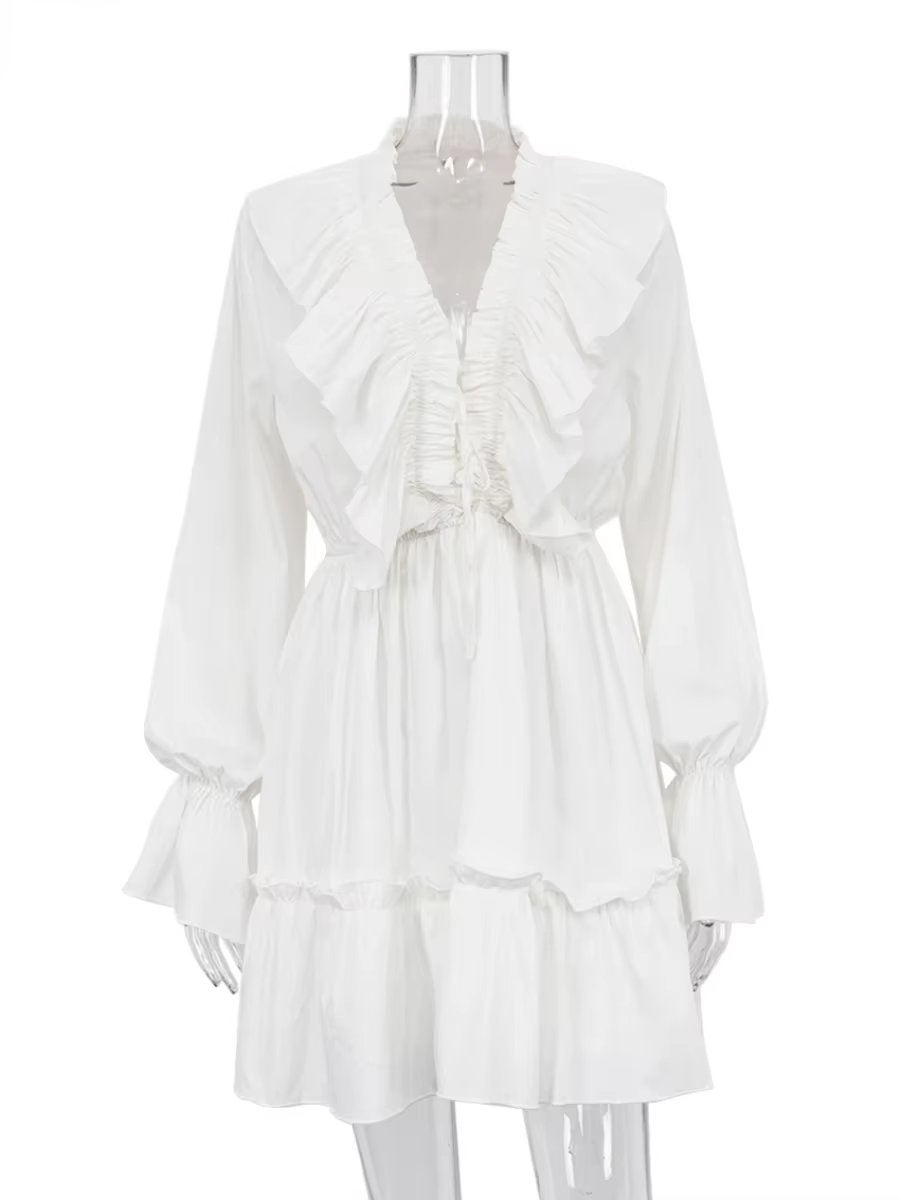 Bornladies Sexy robe blanche ample dames mode col en v à manches longues Mini robe Chic élégant à vo