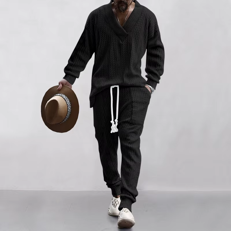 Ensemble pull tricoté en Jacquard polyvalent pour hommes, pantalon décontracté, col en v, nouvelle c