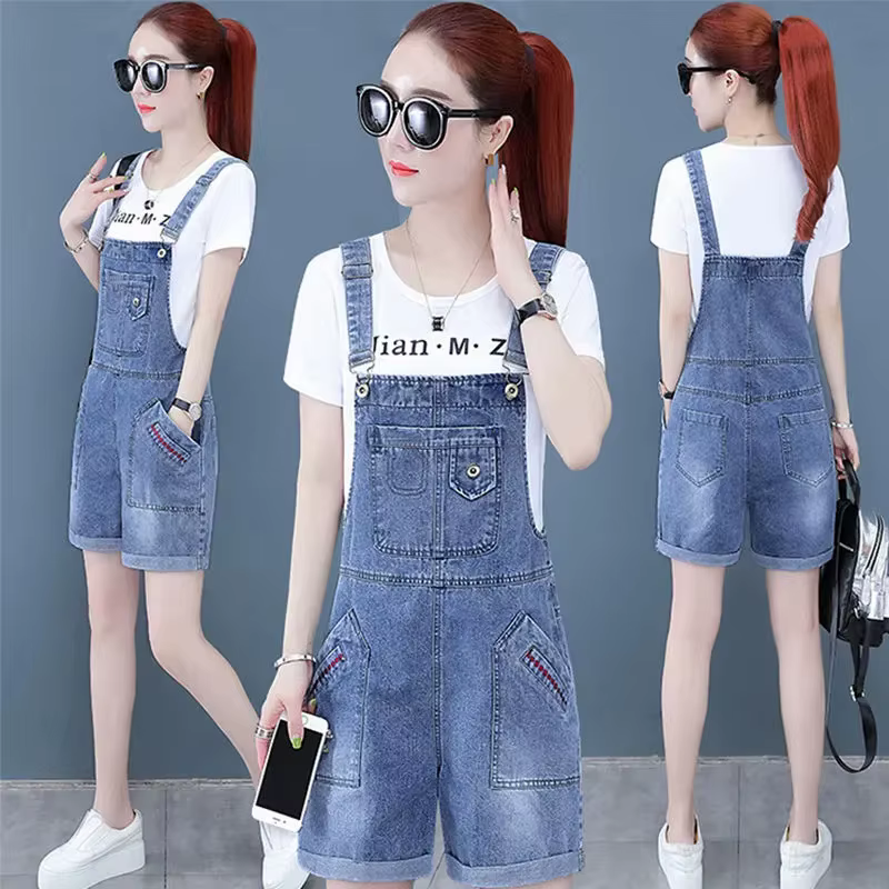 Salopette en jean denim pour femmes, barboteuse d'été, baggy, couleur unie, combinaison pour étudian