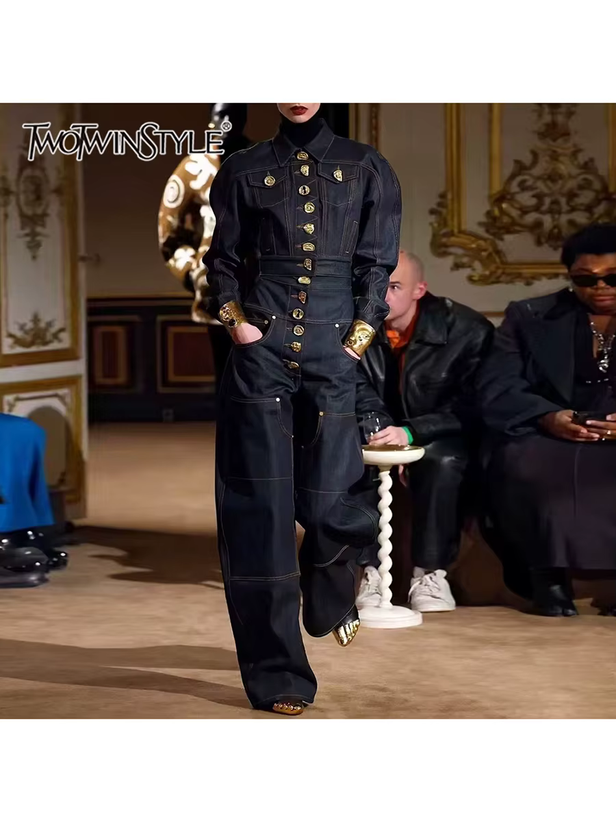 TWOTWINSTYLE – ensemble deux pièces à boutons épissés pour femmes, haut à manches longues, taille ha