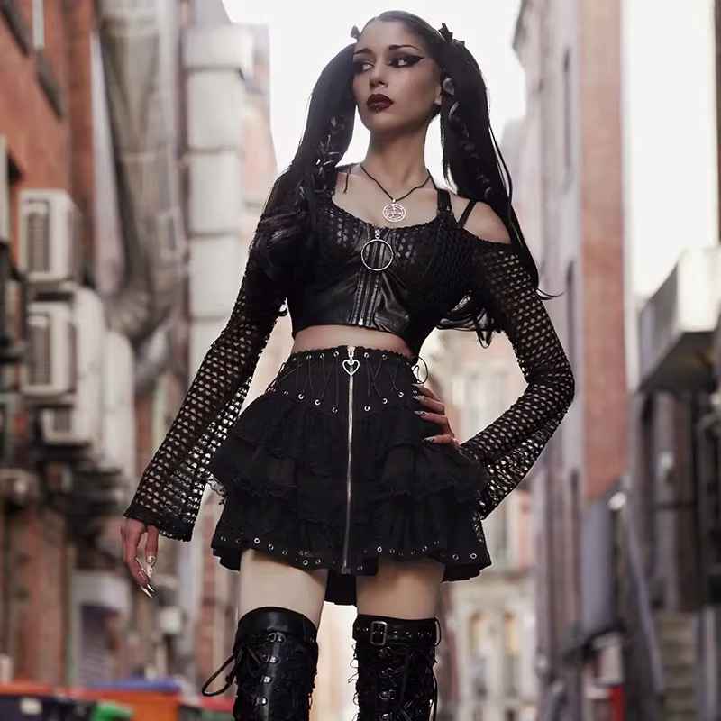 Jupe taille haute vintage punk pour femmes, fermeture éclair sur le devant, style japonais Kawaii, H