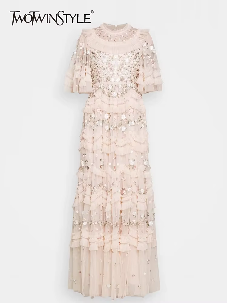 TWOTWurea-Robe patchwork à paillettes YLE pour femme, col rond, manches courtes, taille haute, maill