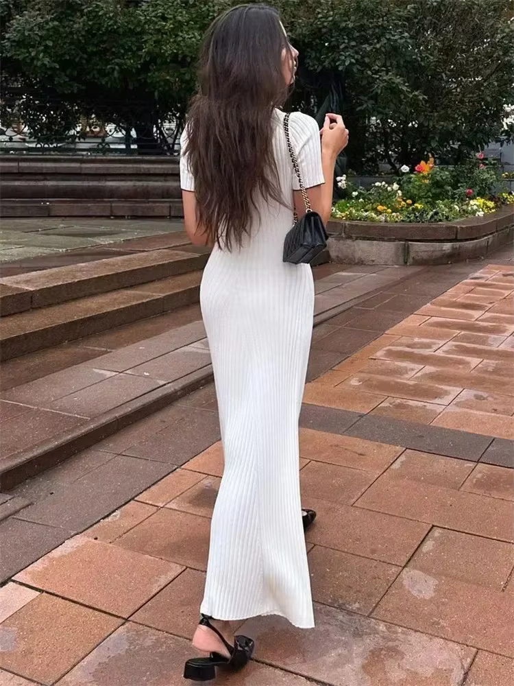 Tossy blanc tricot mode robe Maxi pour les femmes à manches courtes Patchwork robe de soirée élégant