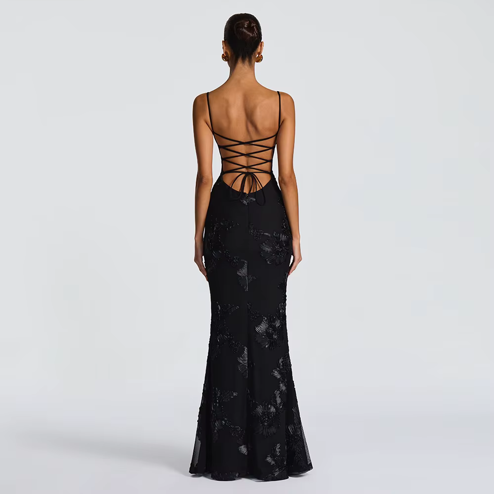 Suninheart robe sirène dos nu femmes Occasion formelle élégante robe à lacets maille broderie robe d