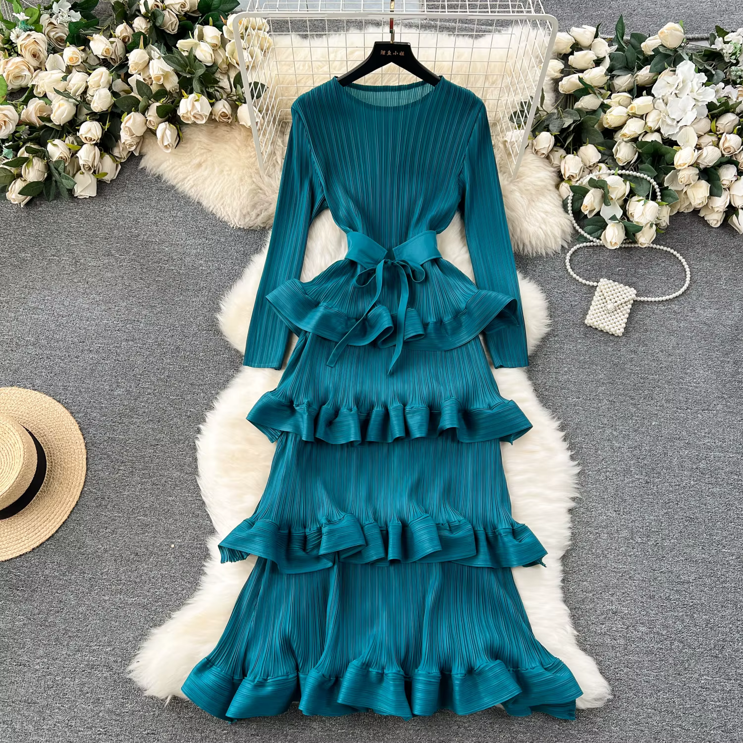 Robe trapèze en mousseline de soie plissée à volants pour femmes, manches longues, élégante, vintage