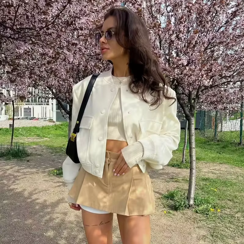 HXAO femme Bomber veste manteau blanc automne hiver bouton Baseball aviateur recadrée vestes pour fe