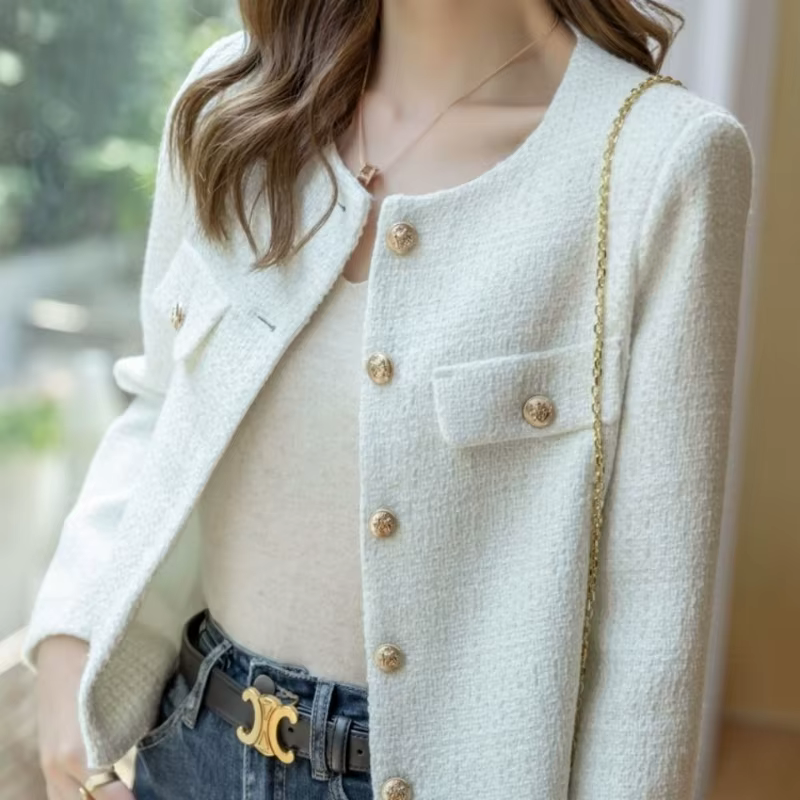 Manteaux coréens pour femmes, veste en laine française Tweed, mode haut de gamme, boutons dorés, cou