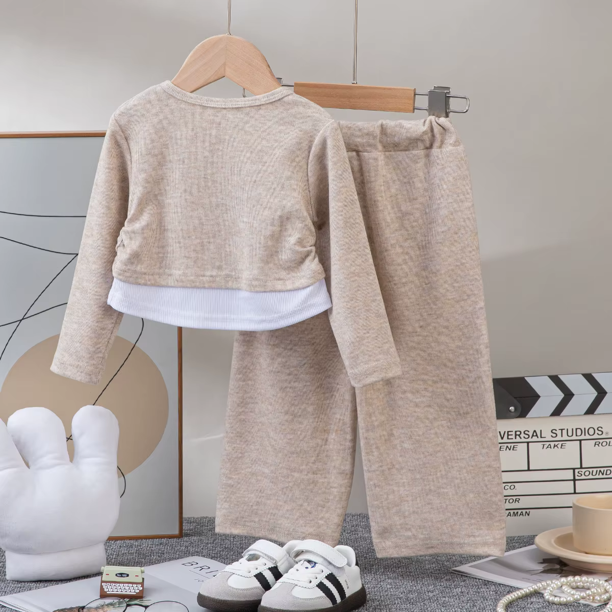 Ensemble deux pièces décontracté pour filles, haut et pantalon à manches longues, couleur unie, tenu