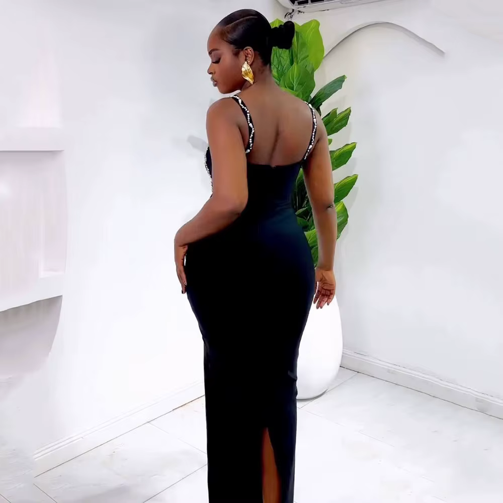Femmes élégantes perles robe de pansement Spaghetti sangle moulante vêtements Club fête robes de soi