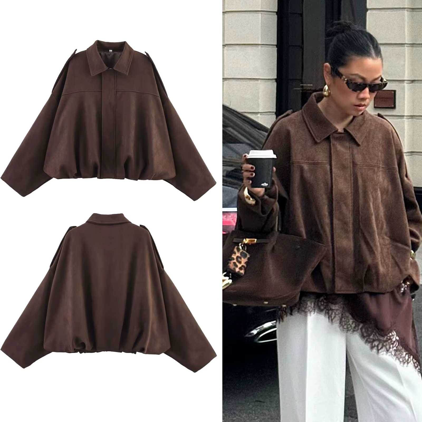 HH femmes rue mode solide ample daim Texture manteaux casual longues manches chauve-souris revers fe