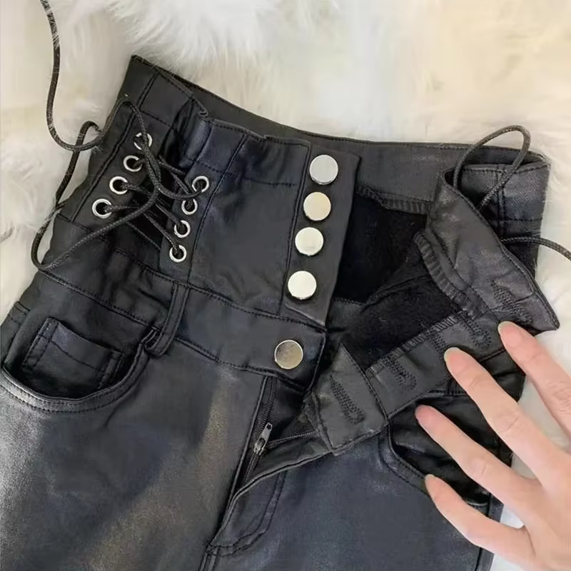 Femmes taille haute Faux cuir pantalon PU Leggings simple boutonnage Plus velours mat maigre Legging