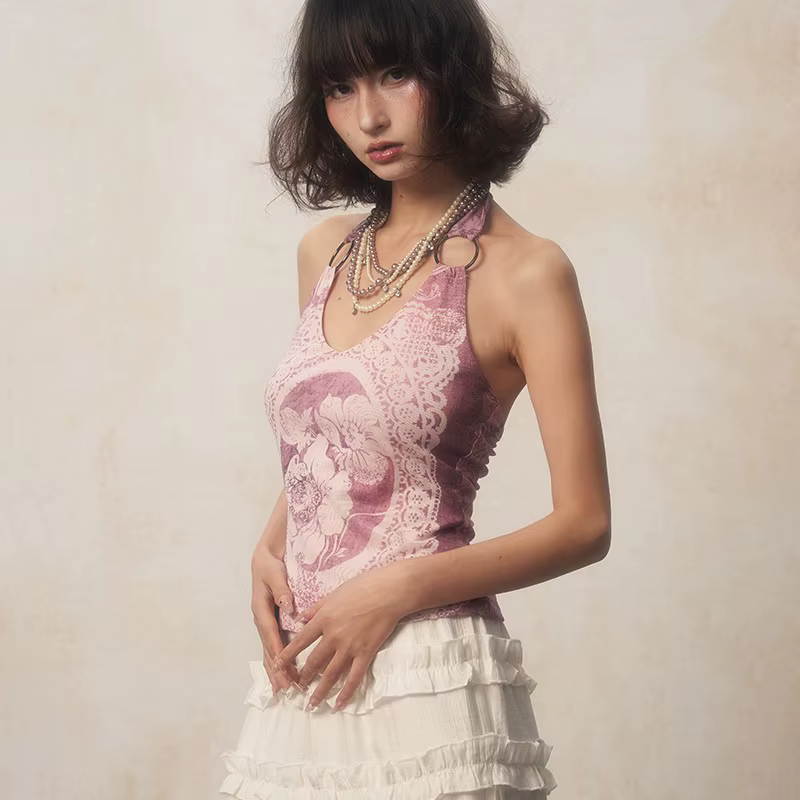 Karrcat-Camisole à imprimé fleuri rétro des années 2000, haut violet précieux, licou japonais Y2k, e