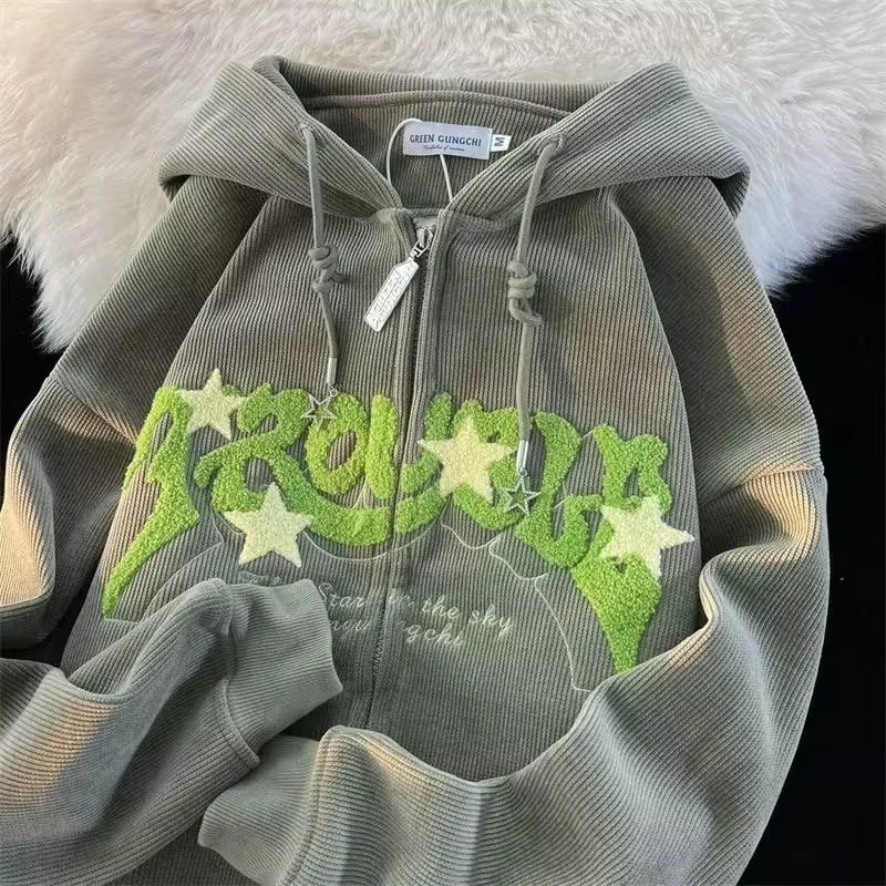 Sweat-shirt à capuche brodé avec fermeture éclair pour femme, haut à manches longues, ample, chemise