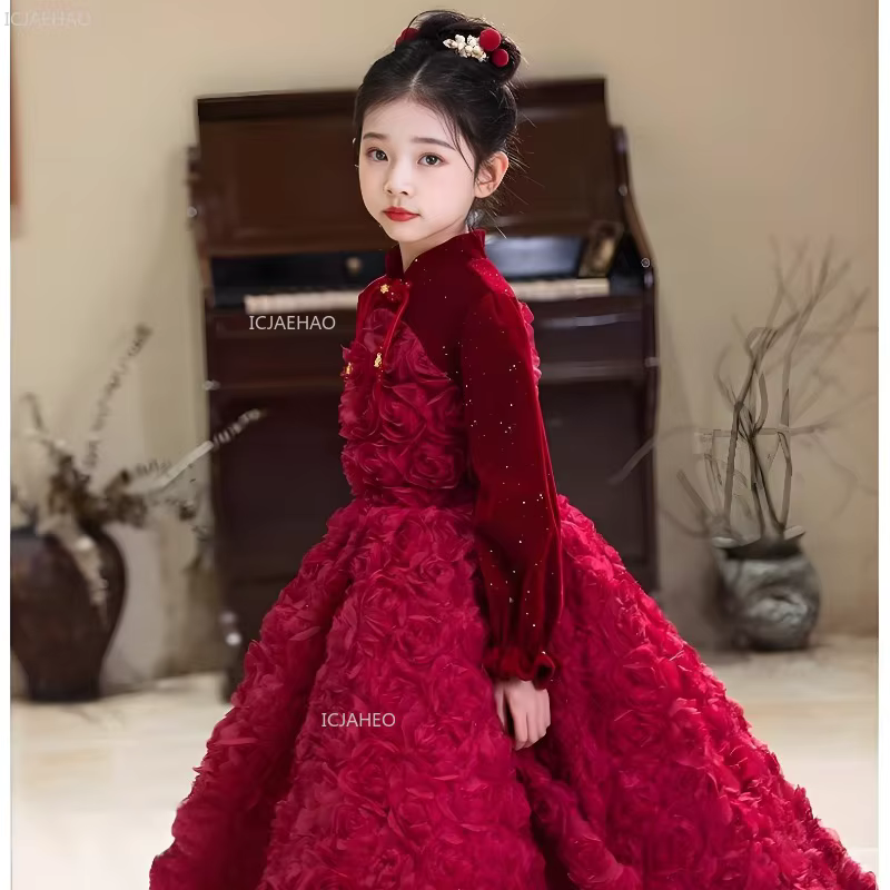 Robe de soirée formelle vintage bordeaux à manches longues pour filles, robe de princesse florale po
