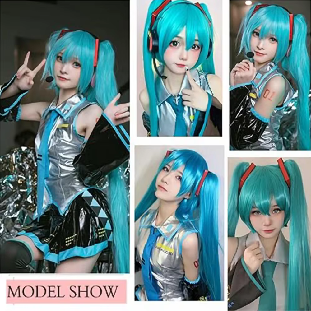 Perruque de cosplay Anime Hatsune Miku, perruque en fibre synthétique double queue de cheval de 110 
