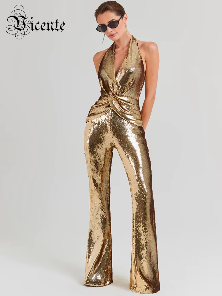 VC-Combinaisons dos nu à paillettes dorées pour femmes, vêtements féminins une pièce, design de luxe