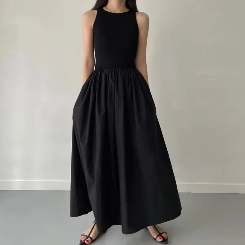 Robe longue noire Simple et élégante pour femmes, col rond, sans manches, taille haute, tempérament,