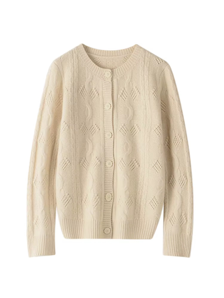 ADE-WhatsApp-Pull en cachemire de style vintage creux pour femmes, cardigan à col rond, tricots 100%