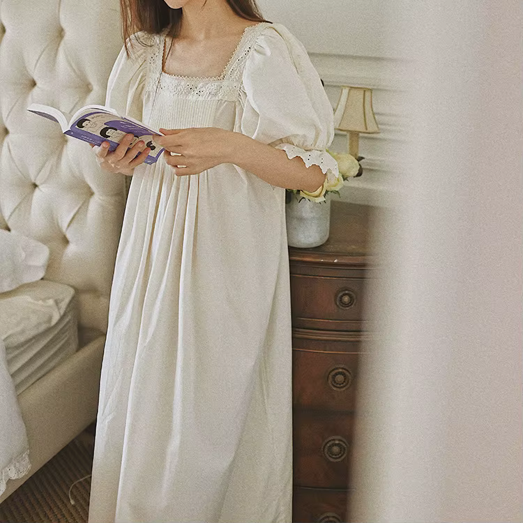 Français col en v Vintage longues chemises de nuit blanches femmes été manches courtes 100% coton ch