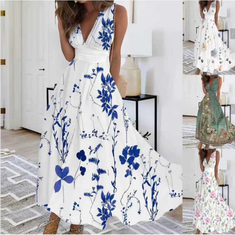 Robe mi-longue élégante pour femmes, tenue d'été, taille haute, sans manches, imprimée, Sexy, été, Л