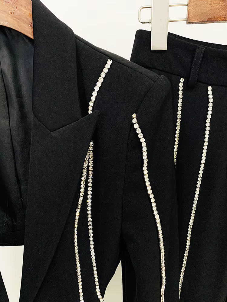 Ensemble blazer et pantalon évasé à revers perlé pour femme, bouton unique évidé, diamants, haute qu