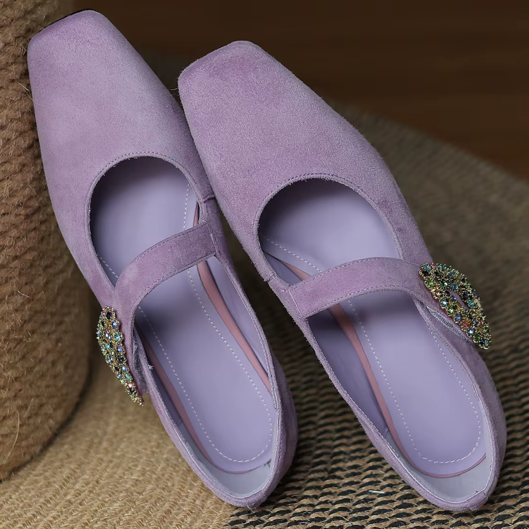 Escarpins Mary Jane à enfiler en cuir suédé naturel pour femmes, boucle en cristal, bout carré, talo