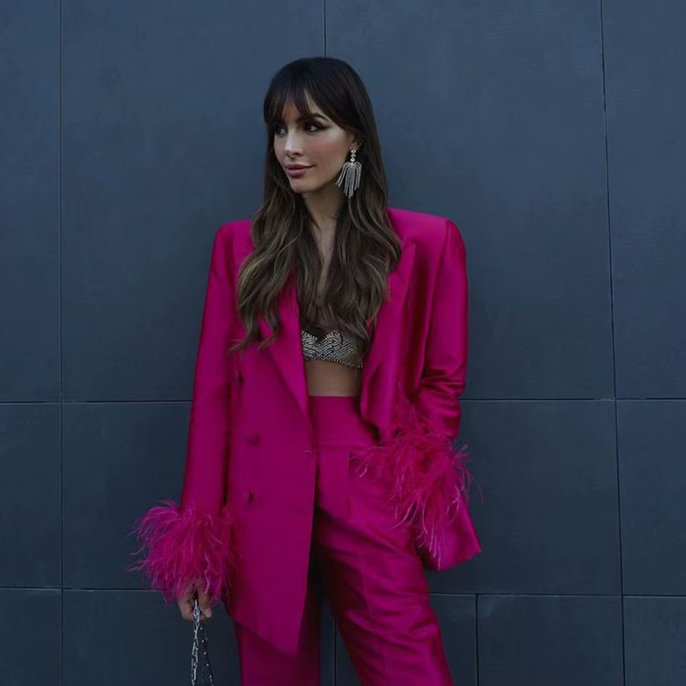Costume deux pièces de luxe en plumes de Satin rouge Rose pour femmes, ensemble veste et pantalon à