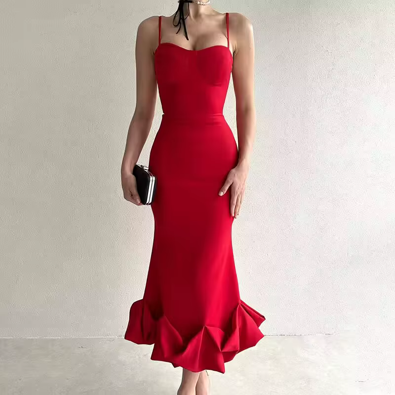 Robe mi-longue Sexy sans manches, dos nu, mode d'été, moulante, élégante, à volants, pour fête d'ann