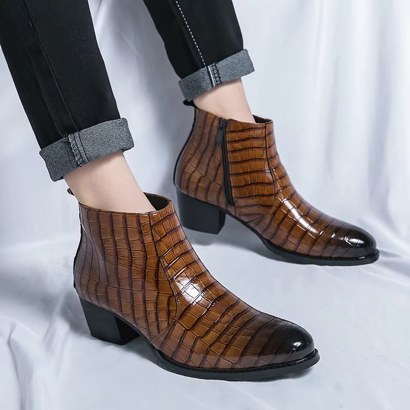 Hommes talons hauts Chelsea bottes PU motif en relief pointu mode classique Banquet hommes bottes