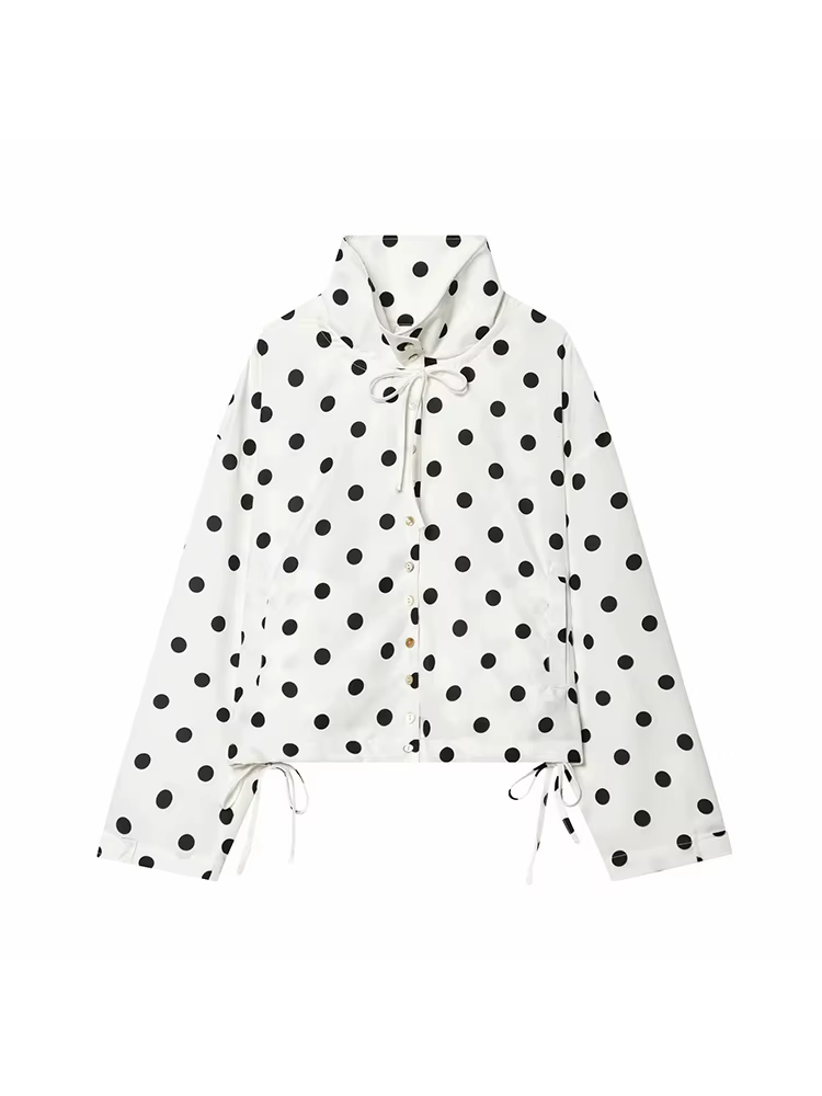 Veste rose à pois à manches longues pour femme, manteau décontracté à col montant et simple boutonna