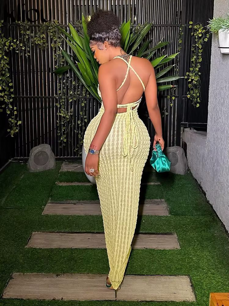 Kliou solide froncé Spaghetti sangle pansement Maxi robe femmes décontracté sans manches dos nu moul