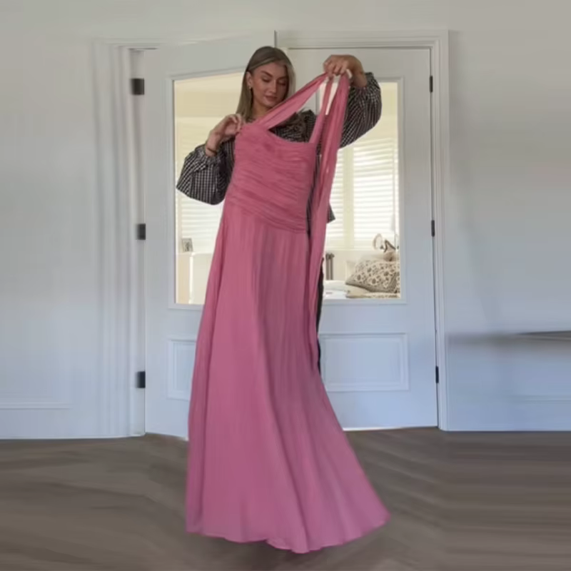 Robe longue rose à licou pour femme, sans manches, dos nu, froncée, élégante, pour soirée, nouvelle 