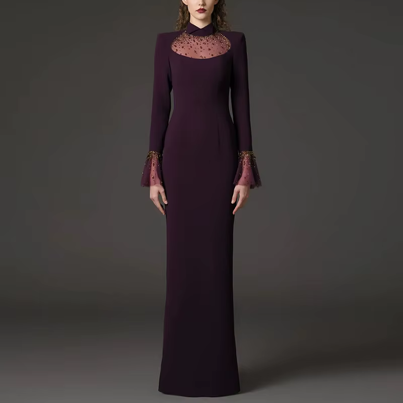 Nouvelle Collection 2026 – Robe Longue de Créateur pour Femme avec Col à Revers, Maille Patchwork, D