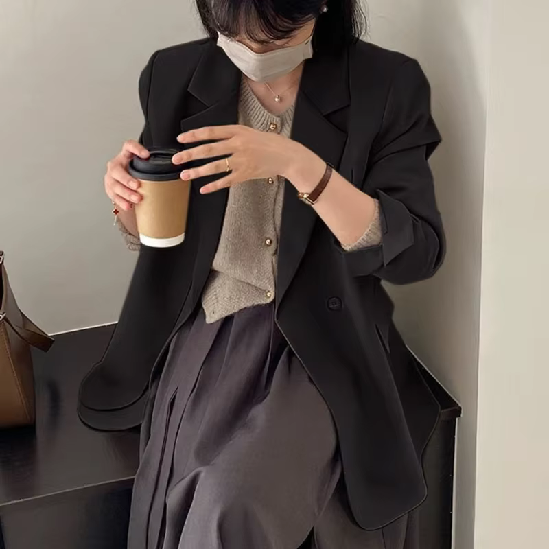REALEFT printemps automne élégant gris femmes Blazer veste 2025 nouveau à manches longues simple bou