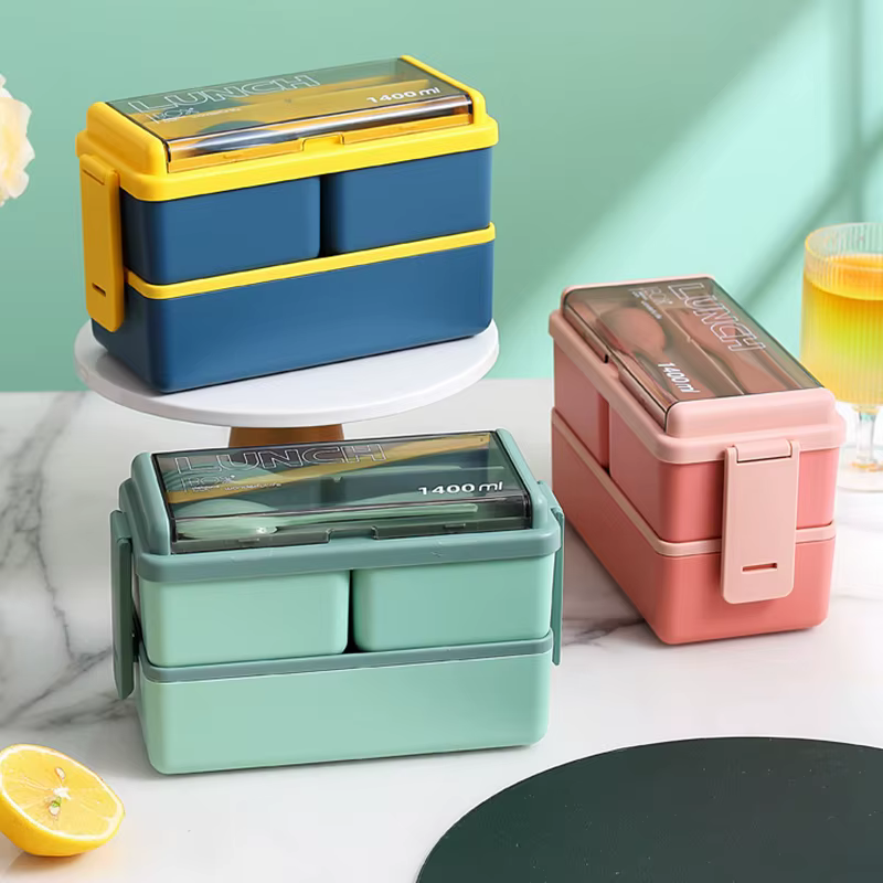 Boîte à déjeuner Portable Double couche pour enfants, avec fourchette et cuillère, boîtes à Bento po