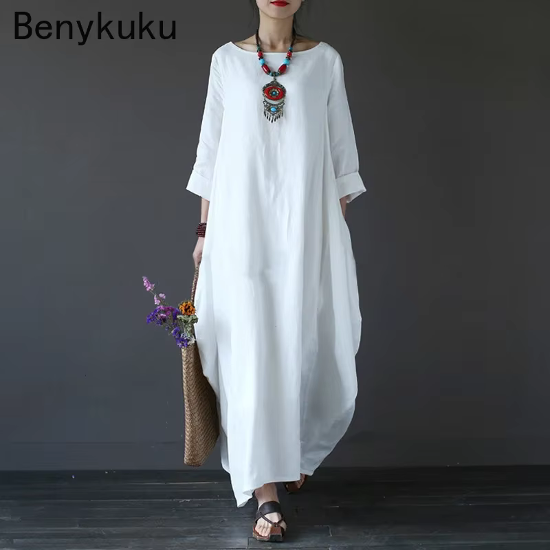 Vintage longue robe Maxi femmes à manches longues grande taille caftan Baggy ample coton lin robes d