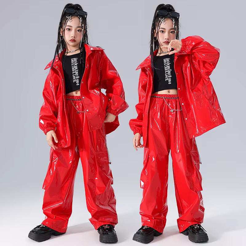 Ensembles veste et pantalon en cuir brillant pour enfants, vêtements de performance de danse sur scè