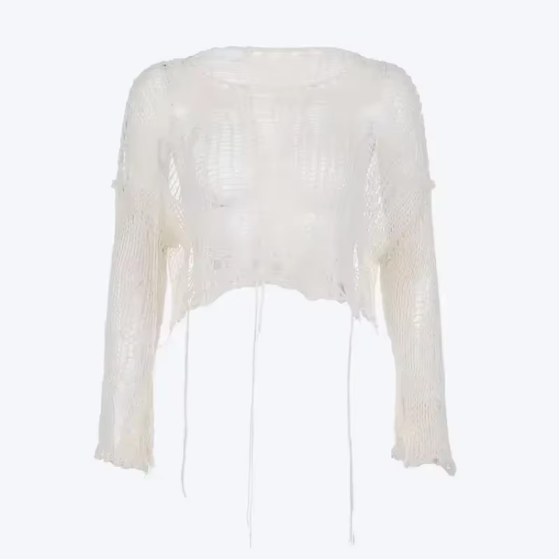 Solide Slash cou Grunge tricoté femmes pull trou déchiré pull haut court Harajuku évider Sexy été pu