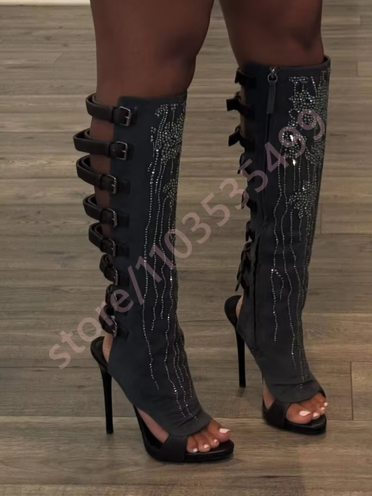 Bottes de mollet noires avec boucle de ceinture en strass, nouveau modèle Sexy pour dames, talons ai