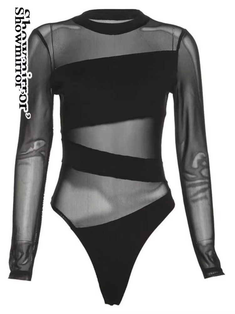 Gothique évider teahwear body mujer femmes coupe croix creux maille body à manches longues charmant 
