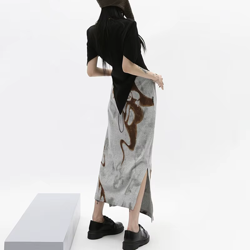 Karrcat-Jupe Mi-Longue Imprimée Grunge Irrégulière, Vintage Japonais, Harajuku, E-girl, Fente Latéra