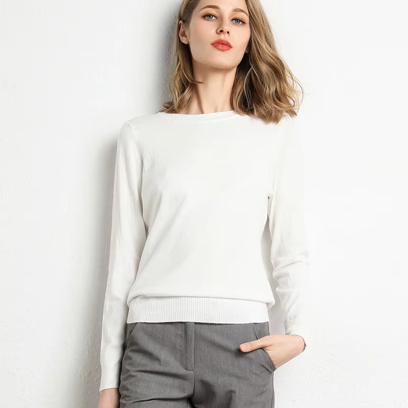 Pull Slim à col rond pour femme, couleur unie, mélange de laine et cachemire, chemise à manches long
