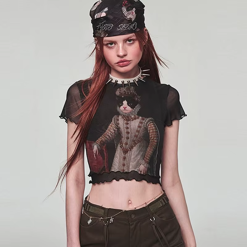 Y2K-T-shirt à manches courtes en maille de dentelle pour femmes, haut court imprimé chat, transparen